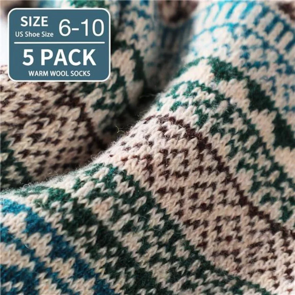 5 Pcs Unisex Wool Warm Thick Socks Vintage Winter Fall Season‎ for Men and Women